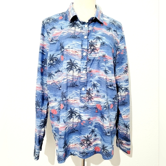 J.CREW Printed Popover Hawaiian Beach Sunset Tunic Blue 100% Cotton Size XL - Picture 1 of 11